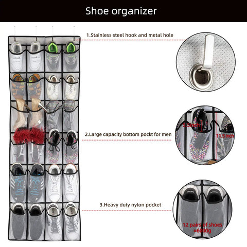 Over The Door Space Saver Shoe Organizer With 24 Mesh Pockets Hanging Shoe Rack, showing close-up of hooks and heavy-duty material.