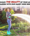 Woman using Portable Hose Reel For Outdoor Use, 50Ft Garden Hose Reel With Six Pattern Spray Nozzle, Lightweight, No Tangle