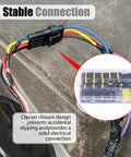 Heavy Duty Road Ready Electrical Wire Connectors Slick Quick Crimp Terminals Plug And Play Waterproof Nickel Plated Copper Pins close-up of wiring harness with clip-on closure.