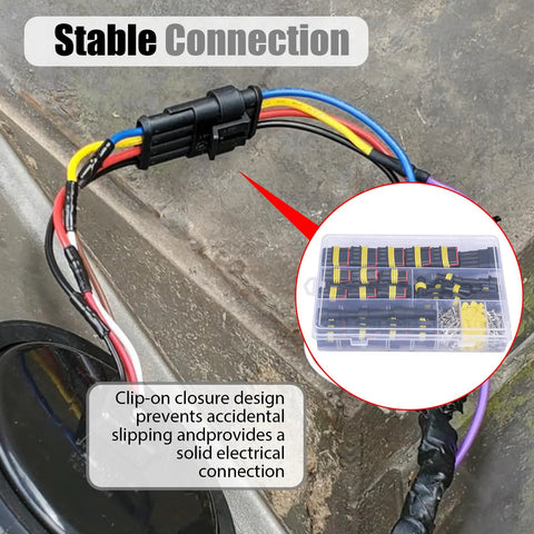 Heavy Duty Road Ready Electrical Wire Connectors Slick Quick Crimp Terminals Plug And Play Waterproof Nickel Plated Copper Pins close-up of wiring harness with clip-on closure.