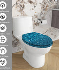 Elongated Toilet Seat Blue Glitter Resin for Bathroom installed on toilet, showcasing ergonomic design and easy installation features.