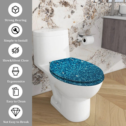 Elongated Toilet Seat Blue Glitter Resin for Bathroom installed on toilet, showcasing ergonomic design and easy installation features.