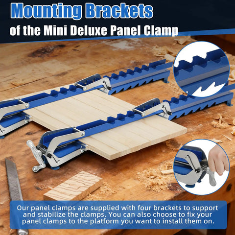 36 Inch Heavy Duty Panel Clamps 2 Pack Hella Stable Four Way Steel Pressure Jigs on wood, showcasing mounting brackets for support.