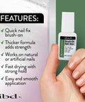 Hand holding bottle of 5 Second Brush On Nail Glue That Dries In A Snap For Press On Nails And Acrylics, description of features
