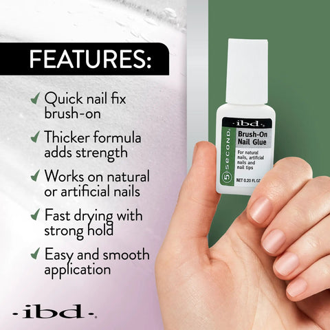 Hand holding bottle of 5 Second Brush On Nail Glue That Dries In A Snap For Press On Nails And Acrylics, description of features
