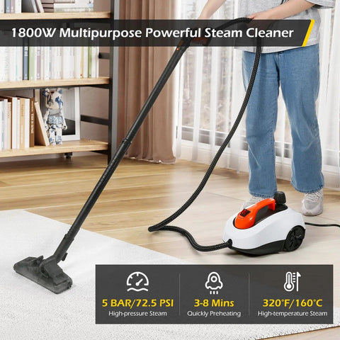 Person using Powerful 1800W Steam Cleaner with 320F high temp and 5 bar pressure on a wooden floor, 1.8L tank visible.