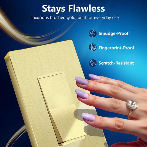 Frameless Brushed Gold Paddle Wall Light Switch Single Pole 3 Wire 15A 120 277VAC UL Listed Thermoplastic Residential Grade
