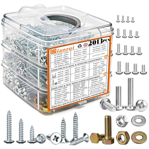 All In One 2013 Piece Nuts Bolts And Screws Set With SAE And Metric Hardware, Grade 8.8 Hex Bolts, 3 Tray Portable Kit