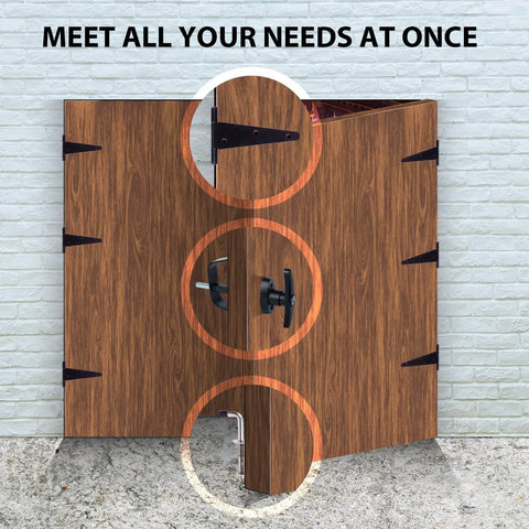 Complete Shed Door Hardware Kit With Heavy Duty Hinges Adjustable Barrel Bolts Secure T Handle Lock Weatherproof Latches front view
