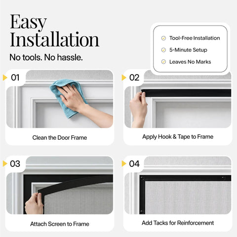 Step-by-step guide for installing Magnetic Screen Door Self Sealing Heavy Duty Hands Free Mesh Barrier for Pets and Kids Keeps Bugs Out.