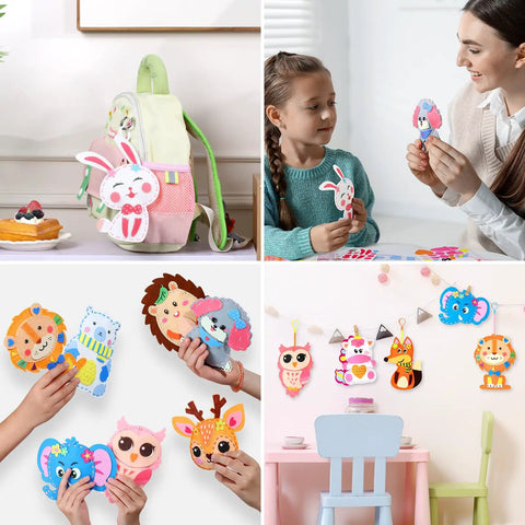 Kids Sewing Kit For Beginners With 10 Easy DIY Felt Animal Projects And Guiding Book displayed in various playful settings.