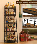 Roomy 5 Tier Trapezoid Liquor Cabinet For Home Bar Space Beefy Freestanding Wine Rack Holds Dozens Of Bottles With Clear Viewing Angles And Chill Storage Vibe, showcasing a wooden and metal design with liquor bottles.
