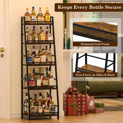 Roomy 5 Tier Trapezoid Liquor Cabinet For Home Bar Space Beefy Freestanding Wine Rack Holds Dozens Of Bottles With Clear Viewing Angles And Chill Storage Vibe, showcasing a wooden and metal design with liquor bottles.