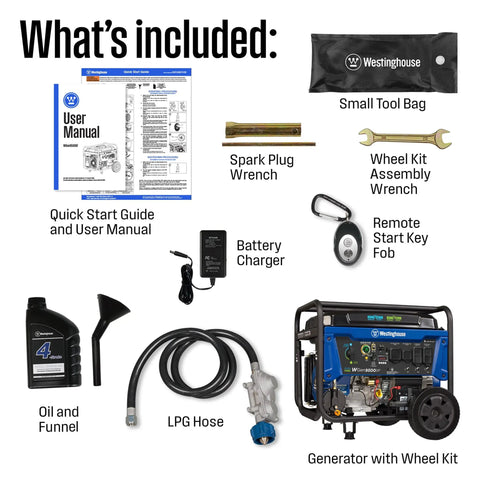 Image showing the contents included with the 12500 Watt Dual Fuel Portable Generator with Remote Start and Transfer Switch Ready Gas or Propane Powered, including manuals, tools, and accessories.