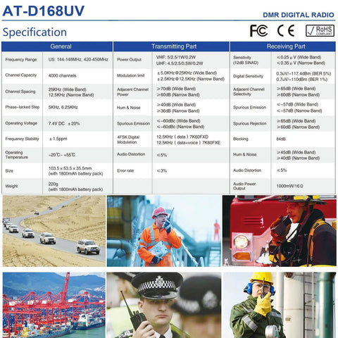 Specification sheet for Dual Band DMR Handheld Radio AT-D168UV VHF/UHF Digital and Analog Transceiver with technical details and images.