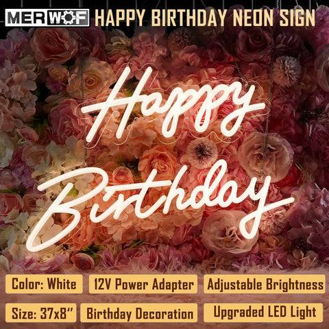 Happy Birthday Neon Sign Wall Decor LED Light With Dimmable Switch, Dope Large 23x16 Inch Backdrop Gift, White Neon Glow