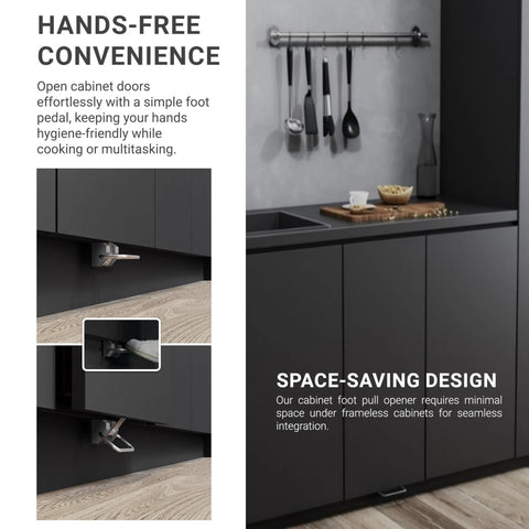 Hands-Free Foot Pedal Cabinet Opener For Frameless Cabinet Doors, kitchen setup showcasing space-saving under-cabinet design