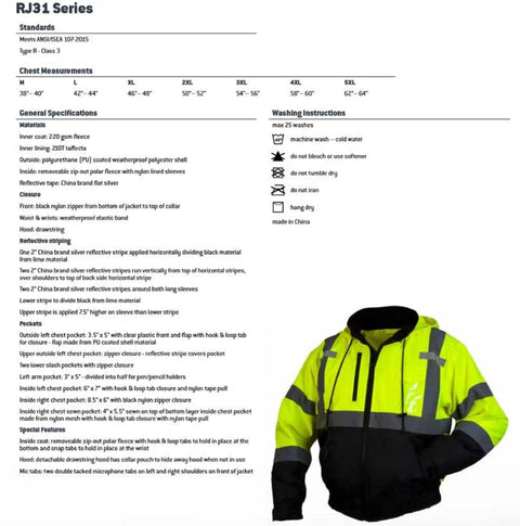 Waterproof Lime Hi Viz Fleece Bomber Workwear Jacket With Detachable Hood Five Pockets Radio Pocket With Clear Panel Mic Tabs