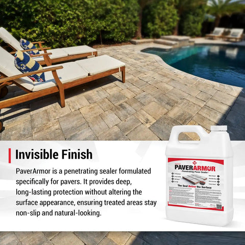 Penetrating Paver Sealer With Breathable Silane Formula Locks Moisture From Concrete Brick And Stone While Preserving Natural Colors guards paver patio by pool.