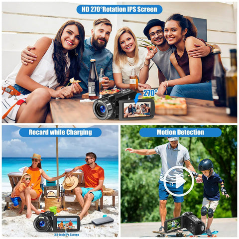 Group of people vlogging outdoors with 4K Camcorder For YouTube Vlogging With 80MP Image Capture, Infrared Night Vision, 18X Digital Zoom.