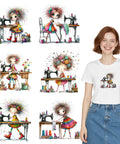 Iron On Transfers Set With 6 Sheets Quirky DTF Transfers Ready To Press Heat Vinyl Decals For Clothing T Shirts Hoodies And DIY Crafts Easy Iron On Decor For Tees And Make Your Fits Pop featuring colorful sewing-themed designs and woman wearing a tee.