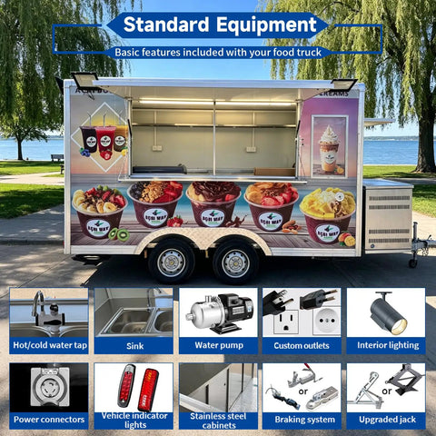 Straight Fire 13 Ft Fiberglass Food Truck Setup, Plug And Play Mobile Dessert Cart With Built In Air Conditioning, Dot Certified Sweet Shop Kit Ready To Roll And Cash Checks with standard equipment features.