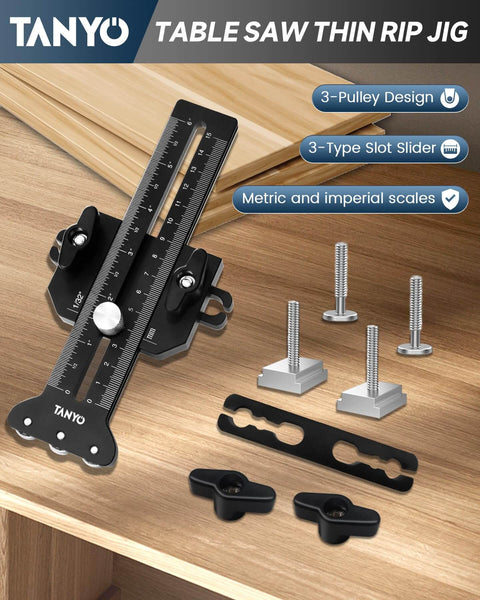 Triple Pulley Thin Rip Jig for Table Saw and Router Table with accessories, fits 3/8 x 3/4 U Slot and 1/4 x 3/8 T Slot.
