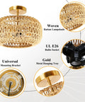 Boho Rattan Ceiling Light Fixture 3 Light 12.6 Inch Antique Brass Handmade Woven Semi Flush Mount components