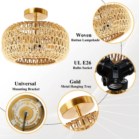 Boho Rattan Ceiling Light Fixture 3 Light 12.6 Inch Antique Brass Handmade Woven Semi Flush Mount components