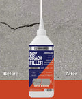 No Sweat Dark Gray Crack Filler For Concrete Repair And Garage Floors With Natural Finish Quick Cure Joint Sealer For Driveway And Patio Patching Busted Concrete Straight Up in a squeeze bottle beside a concrete crack.
