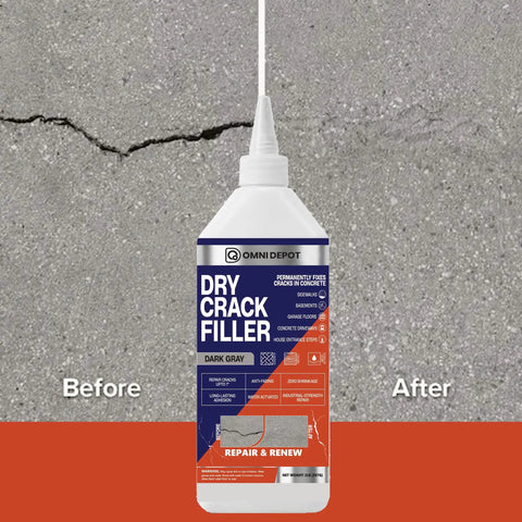 No Sweat Dark Gray Crack Filler For Concrete Repair And Garage Floors With Natural Finish Quick Cure Joint Sealer For Driveway And Patio Patching Busted Concrete Straight Up in a squeeze bottle beside a concrete crack.