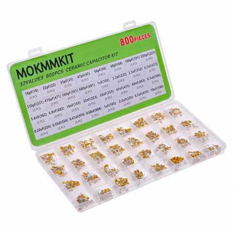Ceramic Capacitor Assortment Kit With 32 Values, 800 Pieces, From 10pF To 10uF, 50V in resealable storage box.