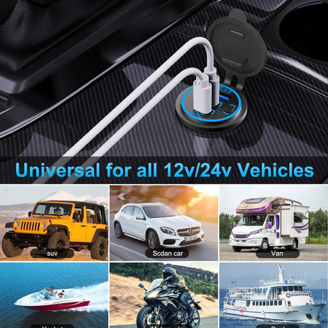 Triple USB Car Charger With Dual PD3.0 USB C Ports And Quick Charge 3.0 installed in a car with types of vehicles