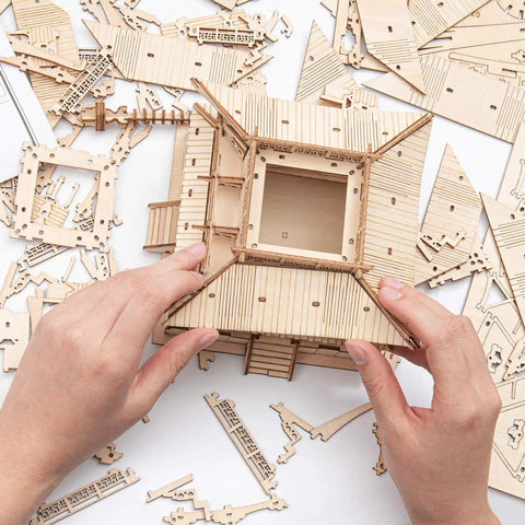3D Wooden Puzzle Craft Kit for Adults and Kids, Five-Storied Pagoda Model Build pieces and assembly in progress