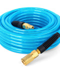 Coiled blue One Quarter Inch 50 Foot Polyurethane Air Hose with Brass Fittings, 300 PSI Max, for air tools and compressors