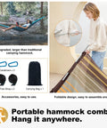 14 Foot Two Person Outdoor Hammock With Quick Dry Textilene Fabric, Portable, shown in outdoor setting with accessories