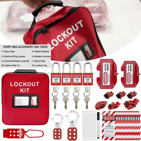 Three In One Lockout Tagout Kit For OSHA Safety Compliance With Clamp On Circuit Breaker Locks Hasps Tags Cable Ties Pouch And Universal Multi Pole Breaker Lockouts Complete LOTO Set Three Kits In One displayed.