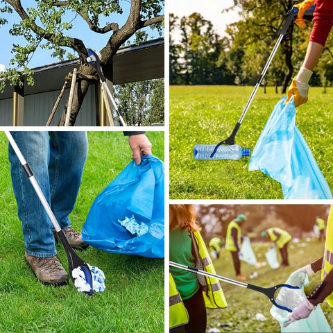 Two 34-inch foldable reacher grabber tools with silver shafts and 4-inch blue jaws used to pick up litter