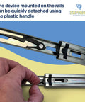 Detail of Heavy Duty Rackmount Sliding Rails Kit For 2U To 8U Server Racks, showing quick-detach plastic handle and rail mechanism.