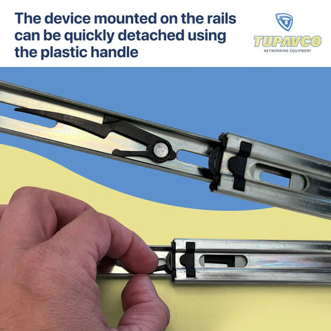 Rackmount Sliding Rails Kit For 2U To 8U Server Chassis, Adjustable Depth 18 To 25 Inches, plastic handle detail.