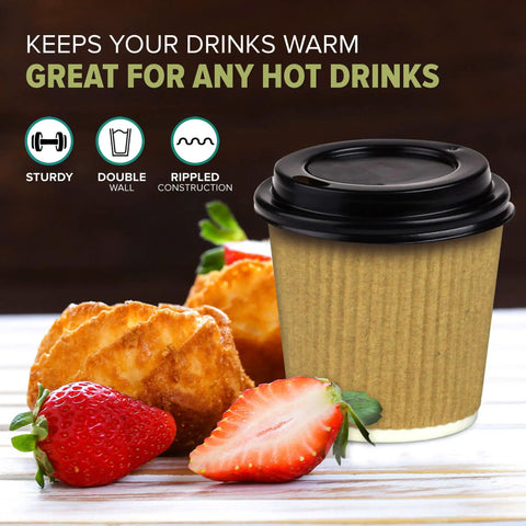 Premium 4 Oz Insulated Triple Wall Ripple Paper Coffee Cup With Black Lid next to strawberries and pastries
