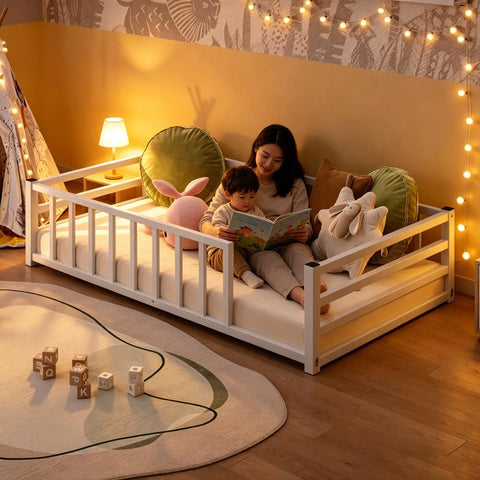 Toddler Floor Bed With Rails And Door, Montessori Low Profile Metal Platform Bed For 2 to 5 Years Old in a cozy room setting