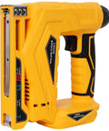 Built Tough And Rock Solid 2In1 Cordless Brad Nailer And Narrow Crown Stapler, yellow battery nail gun, ergonomic grip, front view.