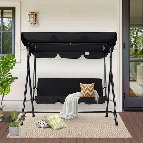 Heavy Duty 3 Seat Patio Swing With Removable Cushions, Adjustable Canopy And Smooth Glider Motion For Garden, Black
