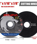 Pro Grade 6 Inch Cut Off Wheels 53 Piece Set Workhorse Class For Standard Angle Grinders Ultra Thin Design shown with specifications.