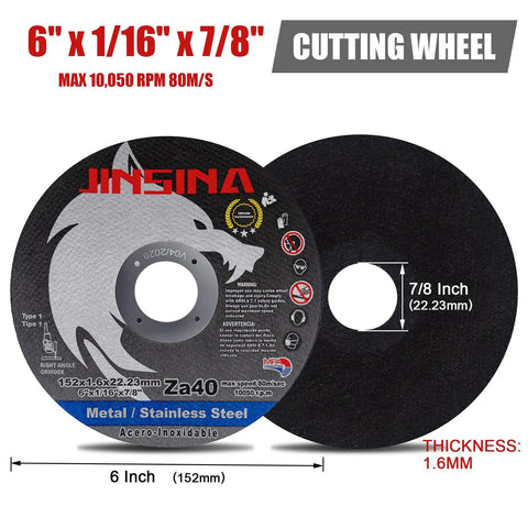 Pro Grade 6 Inch Cut Off Wheels 53 Piece Set Workhorse Class For Standard Angle Grinders Ultra Thin Design shown with specifications.