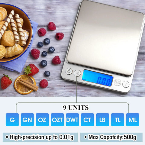 Two Pack Digital Gram Scale 500g Capacity With 0.01g Readability showing LCD and food items, multifunction kitchen scale