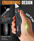 Retractable Box Cutter Knife With Built In Blade Storage And Tool Free Quick Change Includes 15 Sharp SK5 Replacement Blades Heavy Duty Razor Knife For Cardboard Plastic And Paper Craft Projects Black, ergonomic grip