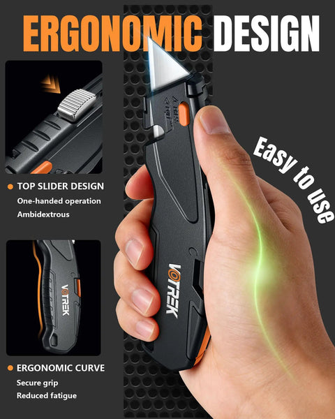 Retractable Box Cutter Knife With Built In Blade Storage And Tool Free Quick Change Includes 15 Sharp SK5 Replacement Blades Heavy Duty Razor Knife For Cardboard Plastic And Paper Craft Projects Black, ergonomic grip