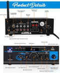 Back and front view of Home Audio Power Amplifier System 2x40W Bluetooth Mini Dual Channel Mixer For PA, Studio, Theater, CD Player, RCA Output, AUX And Mic Input, Stereo Receiver Box PTA2 with labeled features.